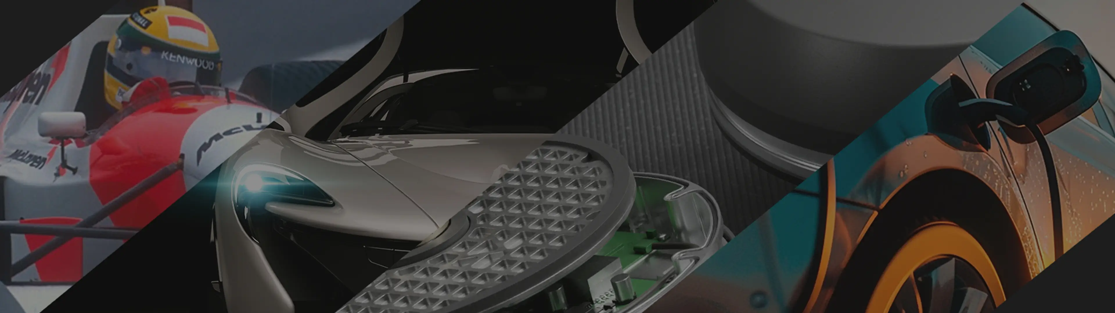 Diagonal collage showing a Formula‑style race car driver, the front of a high‑performance road car, a close‑up of an electronic control module, and an electric vehicle charging port, representing motorsport, automotive, and electrification technology.